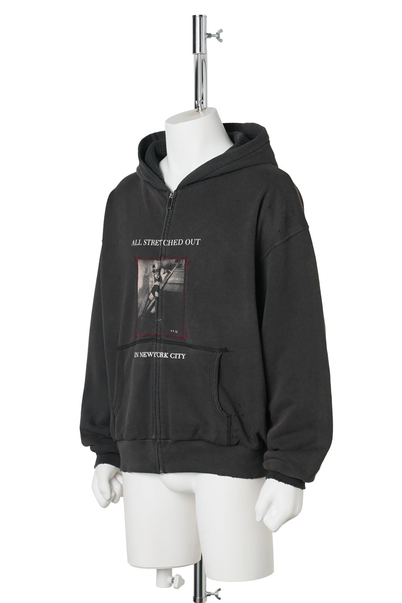 STRETCHED OUT THERMAL LINED LINED ZIP UP HOODIE / WASHED BLACK