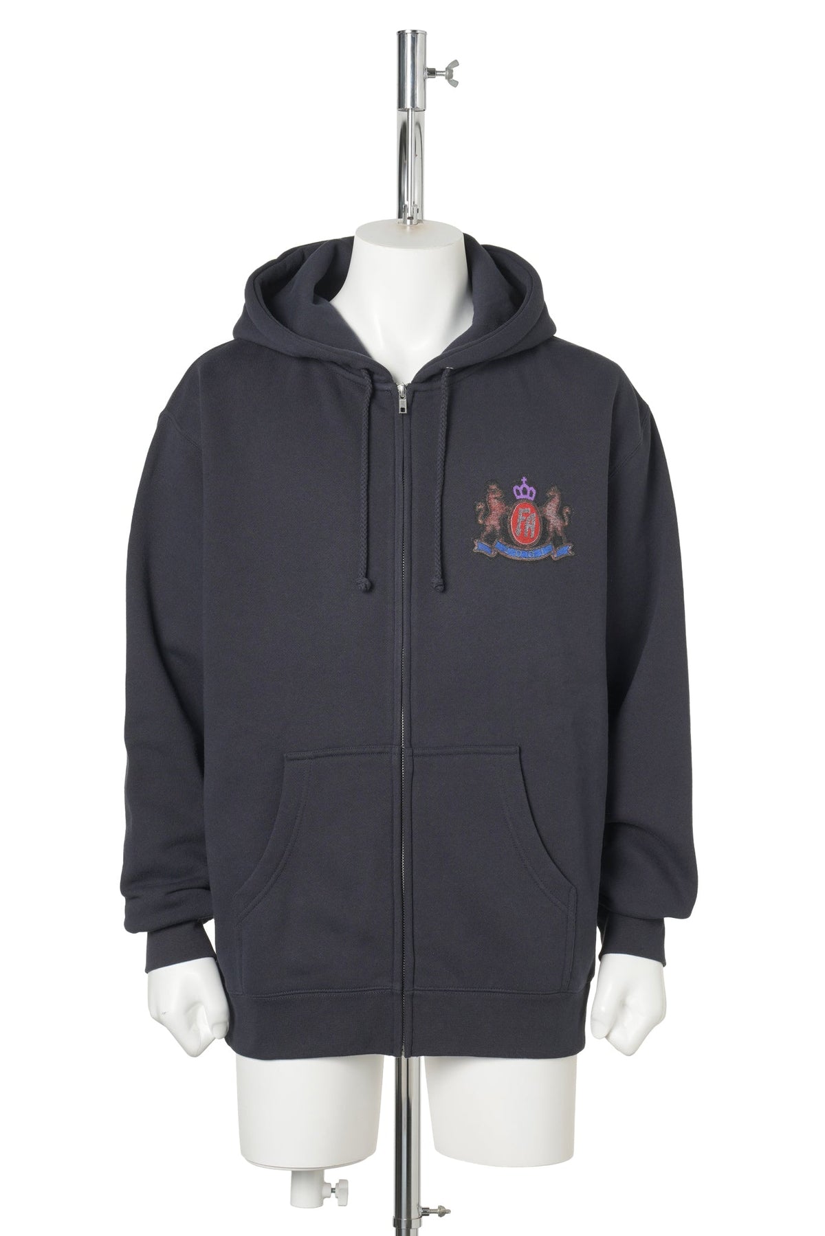 PRINTED CREST ZIP HOODIE / NAVY