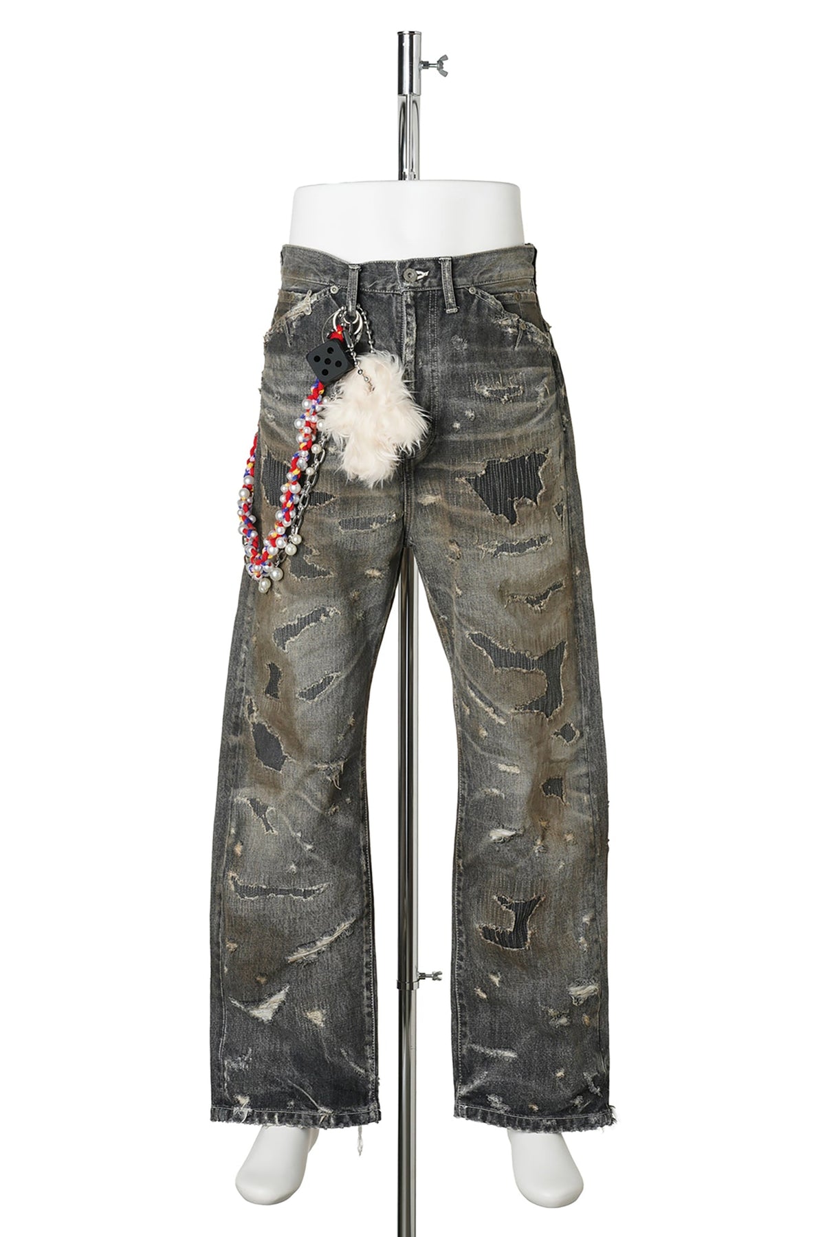 DESTROYED STRAIGT DENIM PANTS / BLACK