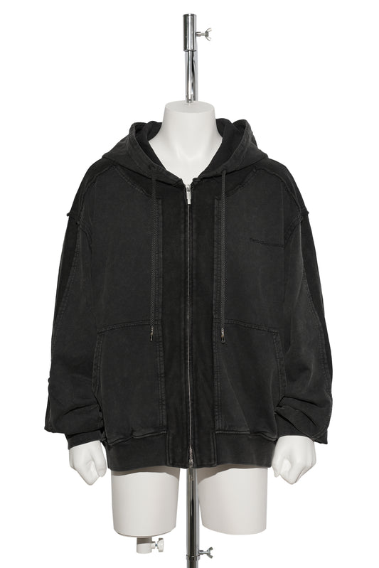 DECONSTRUCTED  PATCH ZIP UP HOODIE / DARK GRAY