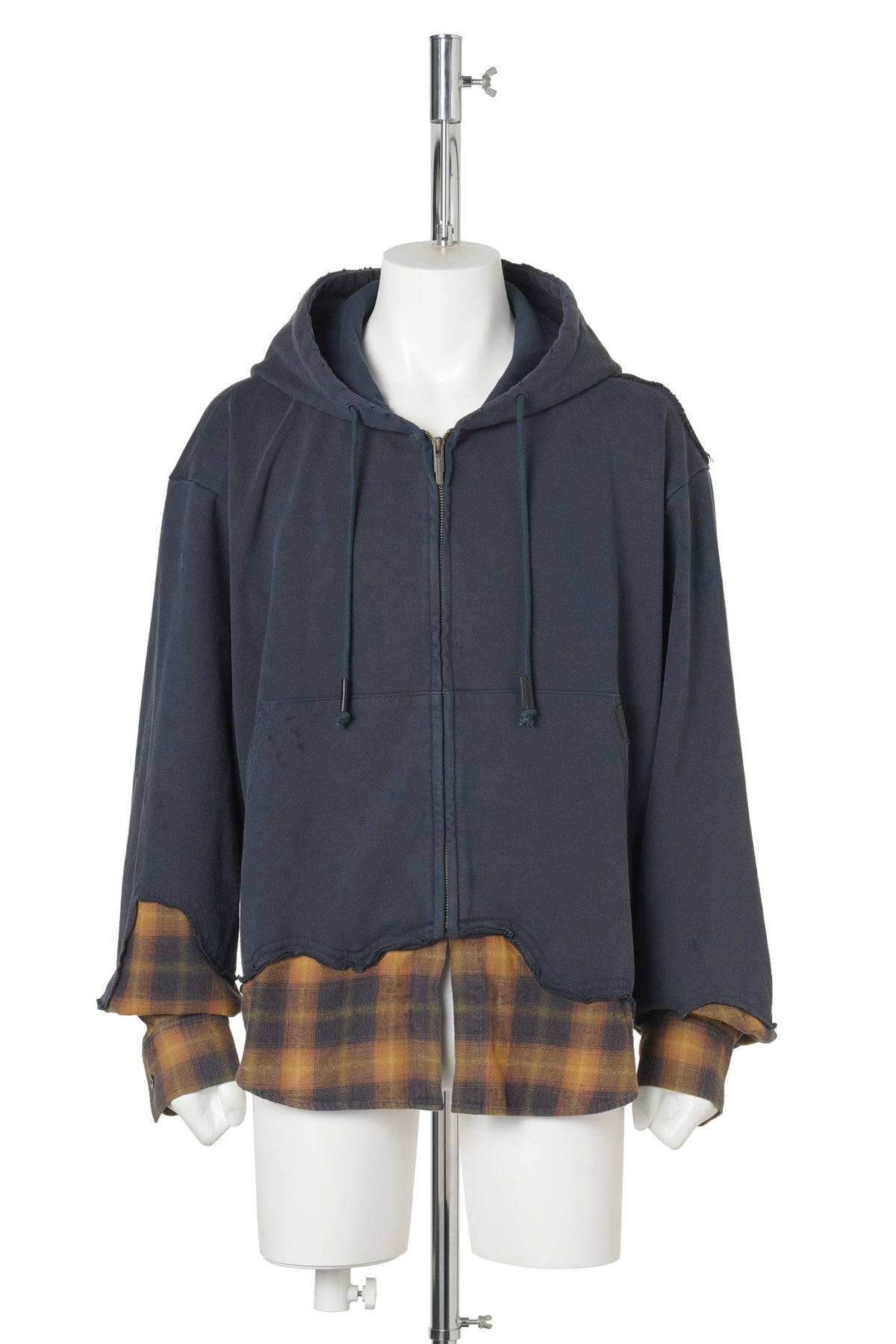 NAVY PLAID-PANEL ZIP-UP HOODIE / NAVY