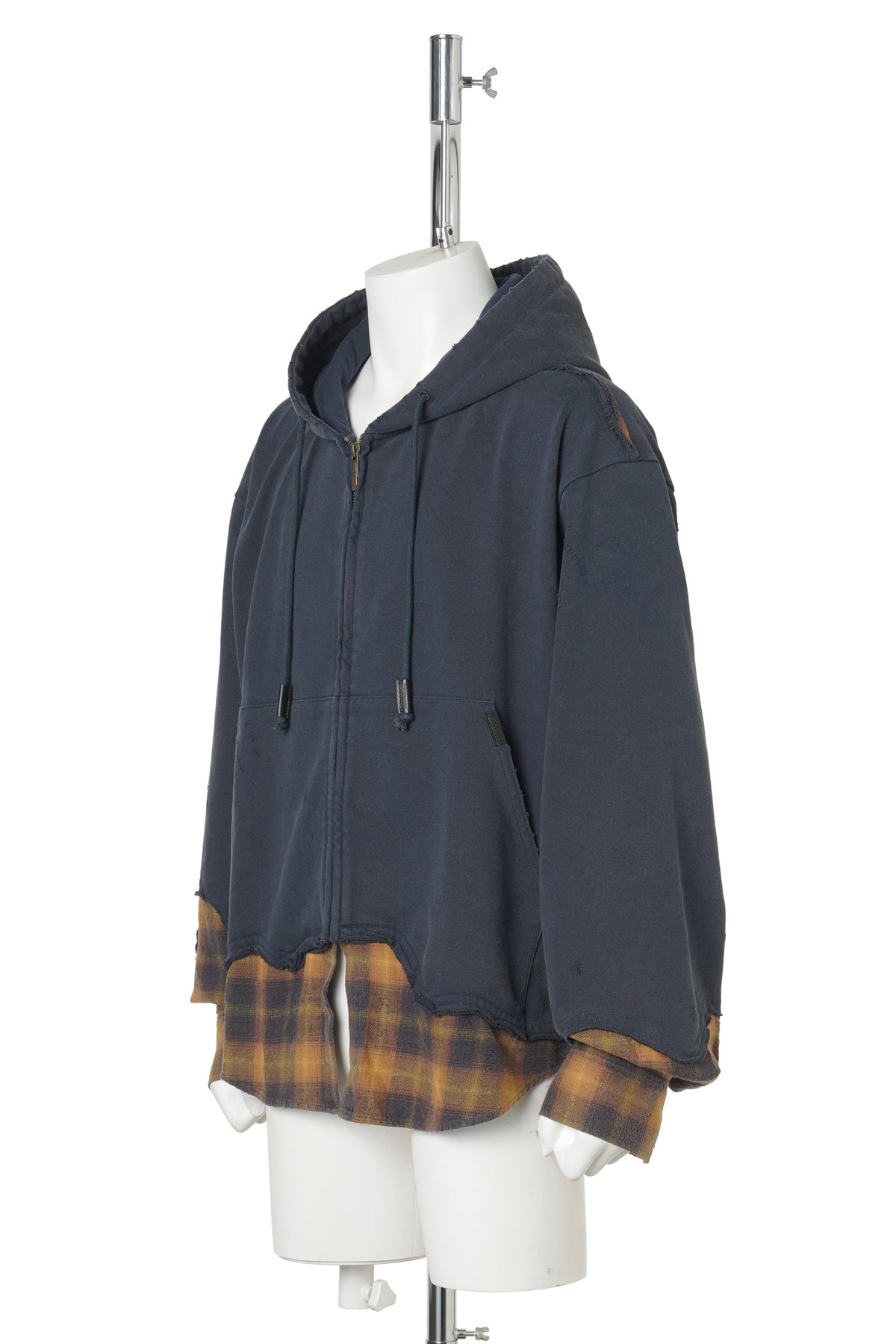 NAVY PLAID-PANEL ZIP-UP HOODIE / NAVY