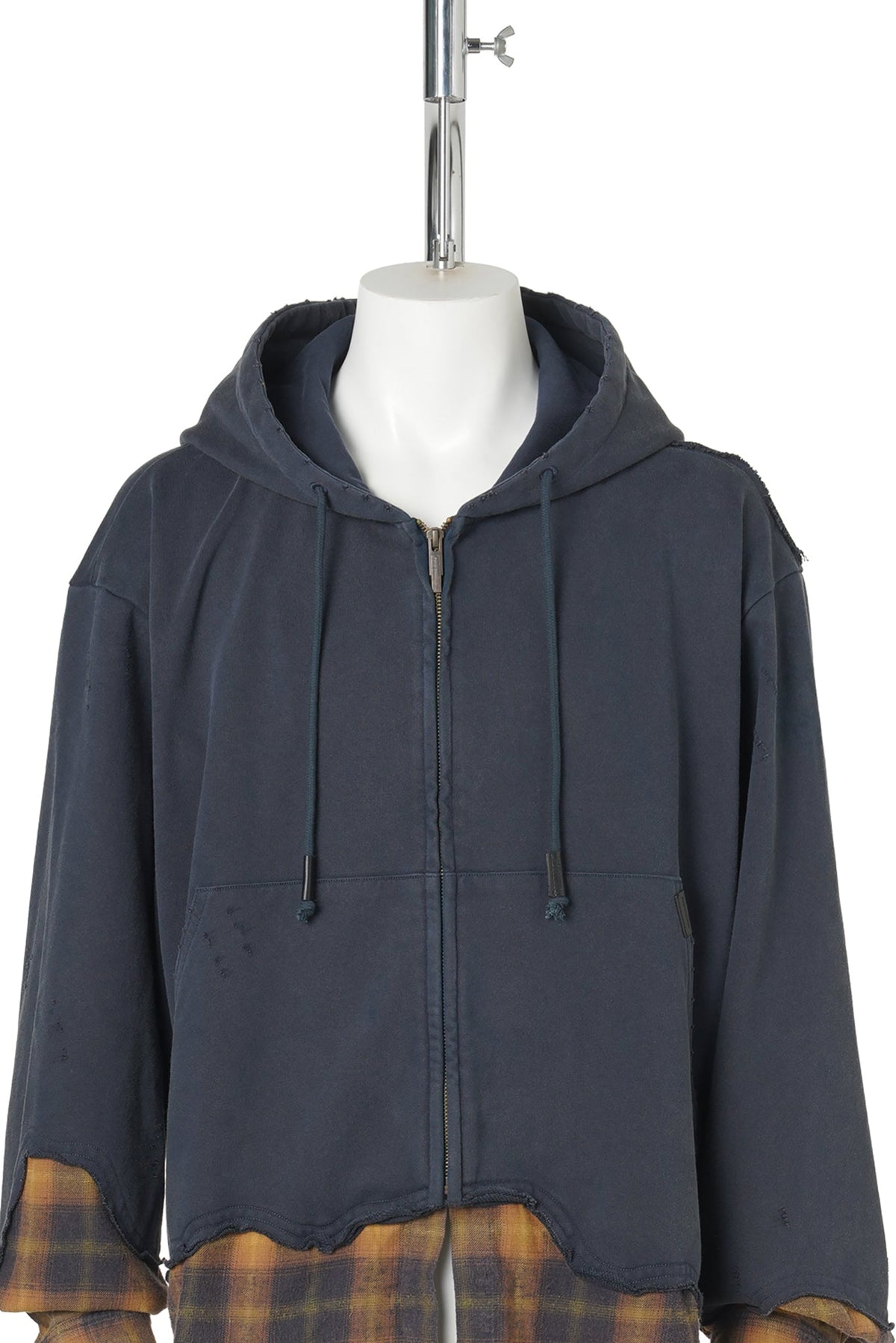 NAVY PLAID-PANEL ZIP-UP HOODIE / NAVY