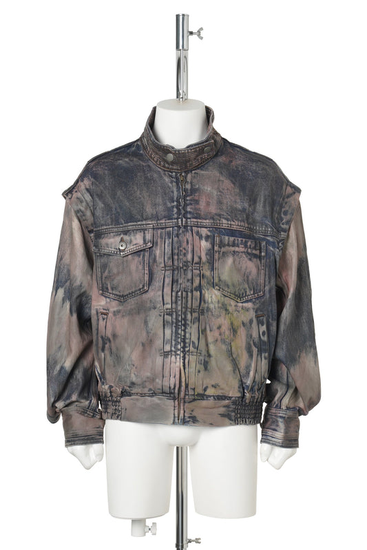 BROWN ARTISTICALLYTIE-DYED COATED DENIM SC JACKET / BLUE BROWN
