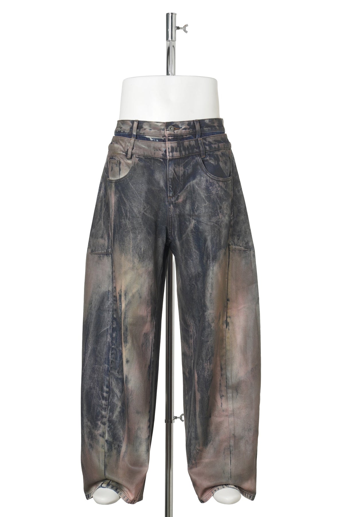 BROWN ARTISTICALLY TIE-DYED COATED DENIM PANTS / BLUE BROWN