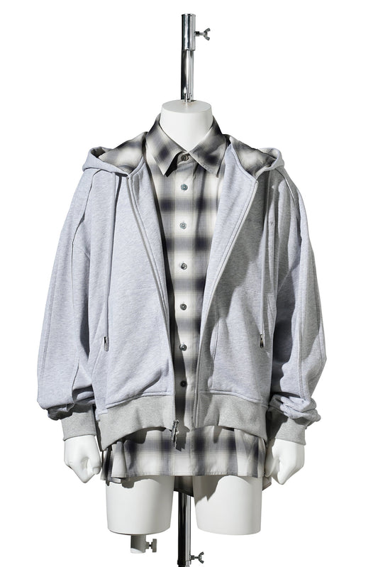 2 IN 1 ZIP HOODIE WITH CHECK SHIRT / GREY
