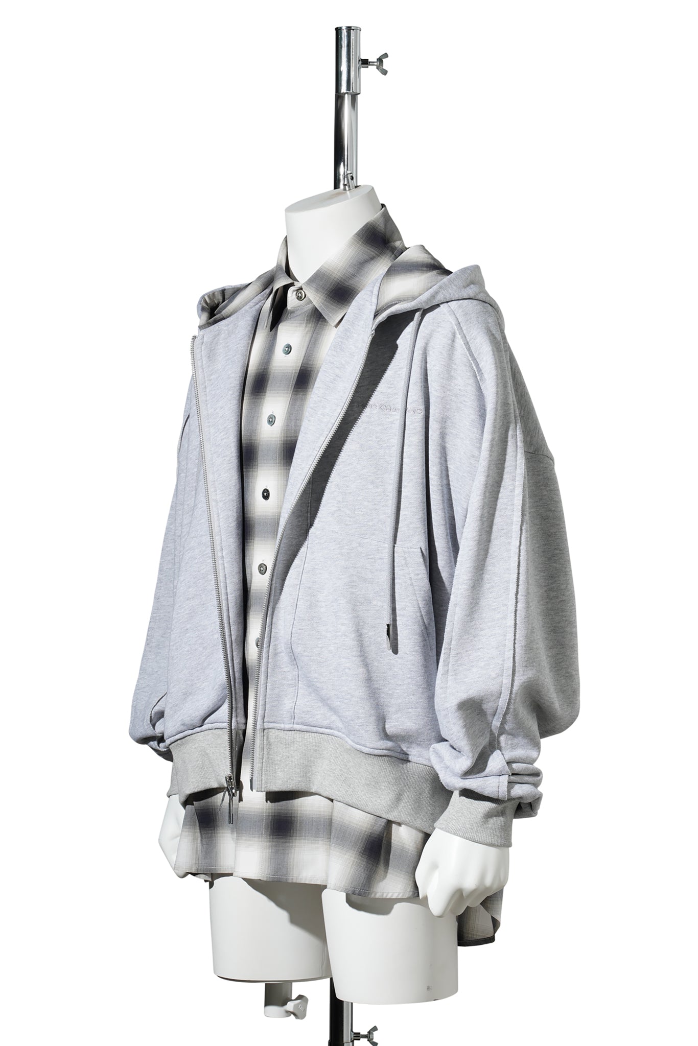 2 IN 1 ZIP HOODIE WITH CHECK SHIRT / GREY