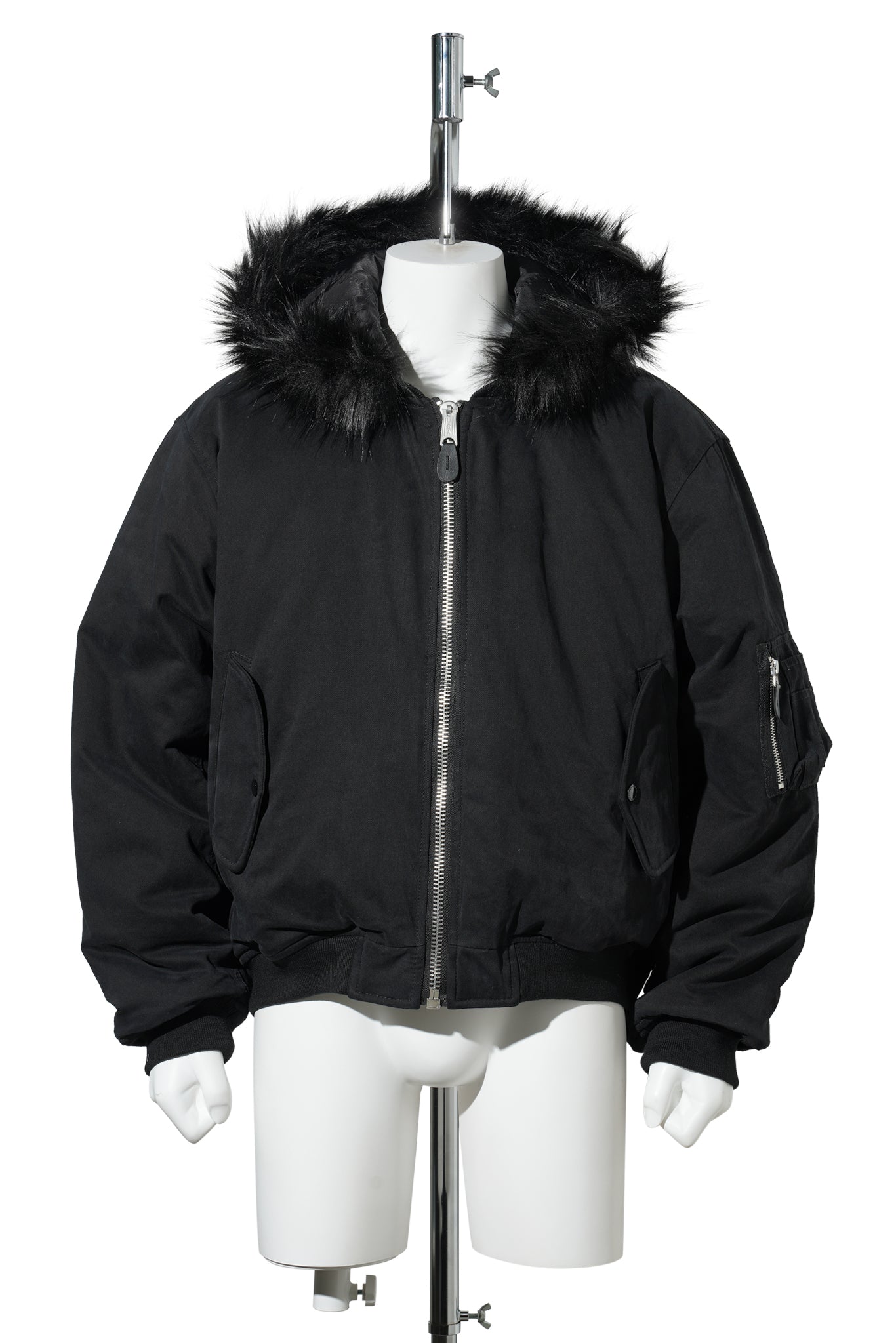 FUR HOODED SIDE ZIPPER COTTON BOMBER JACKET / BLACK