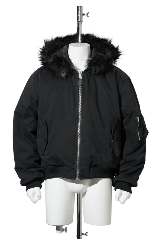 FUR HOODED SIDE ZIPPER COTTON BOMBER JACKET / BLACK