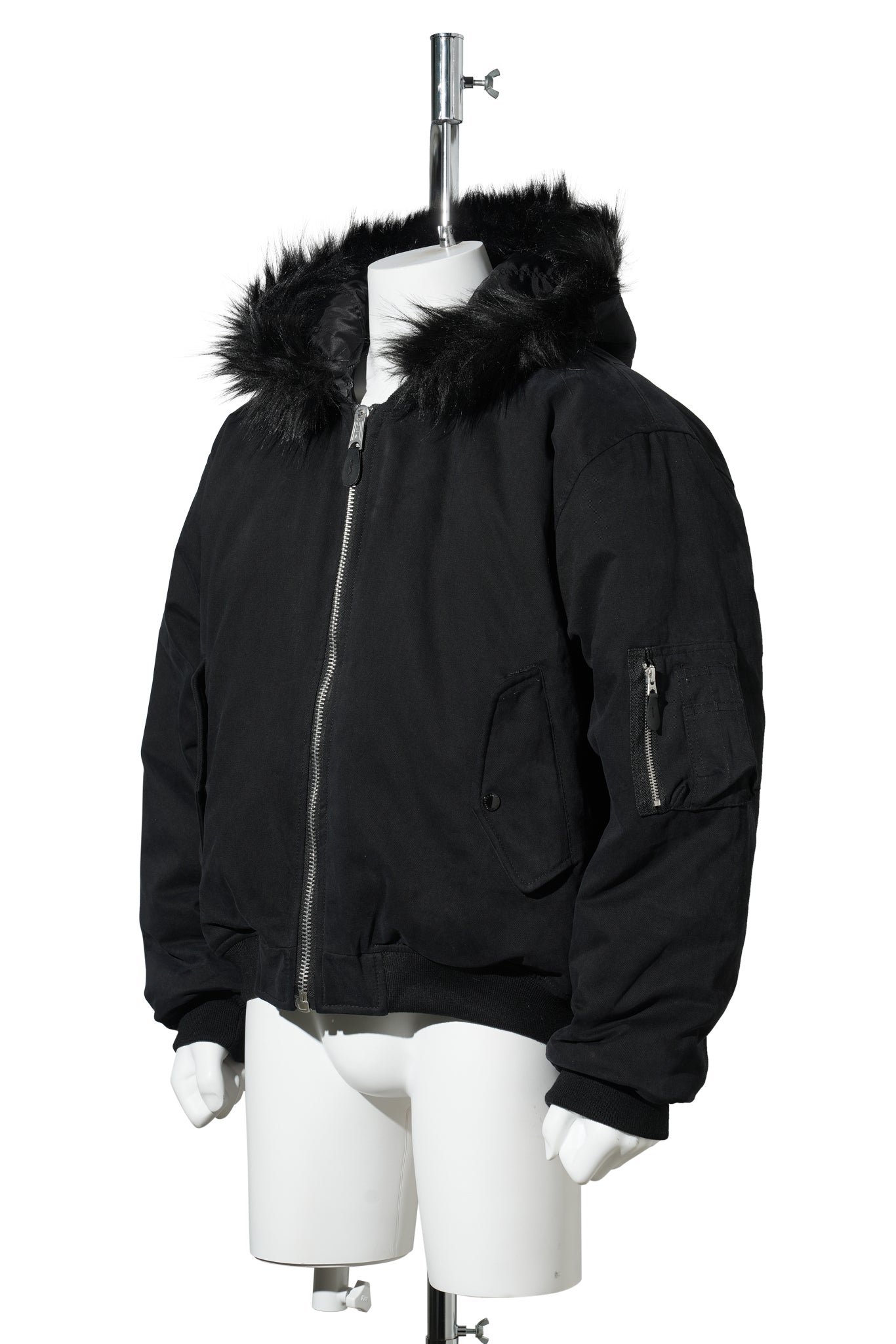 FUR HOODED SIDE ZIPPER COTTON BOMBER JACKET / BLACK