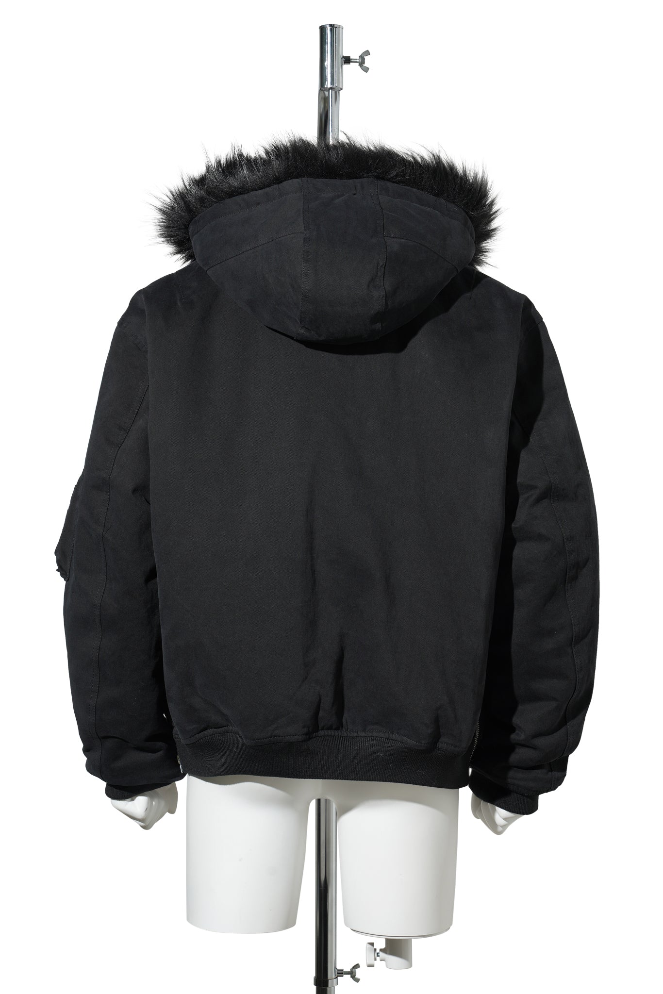 FUR HOODED SIDE ZIPPER COTTON BOMBER JACKET / BLACK