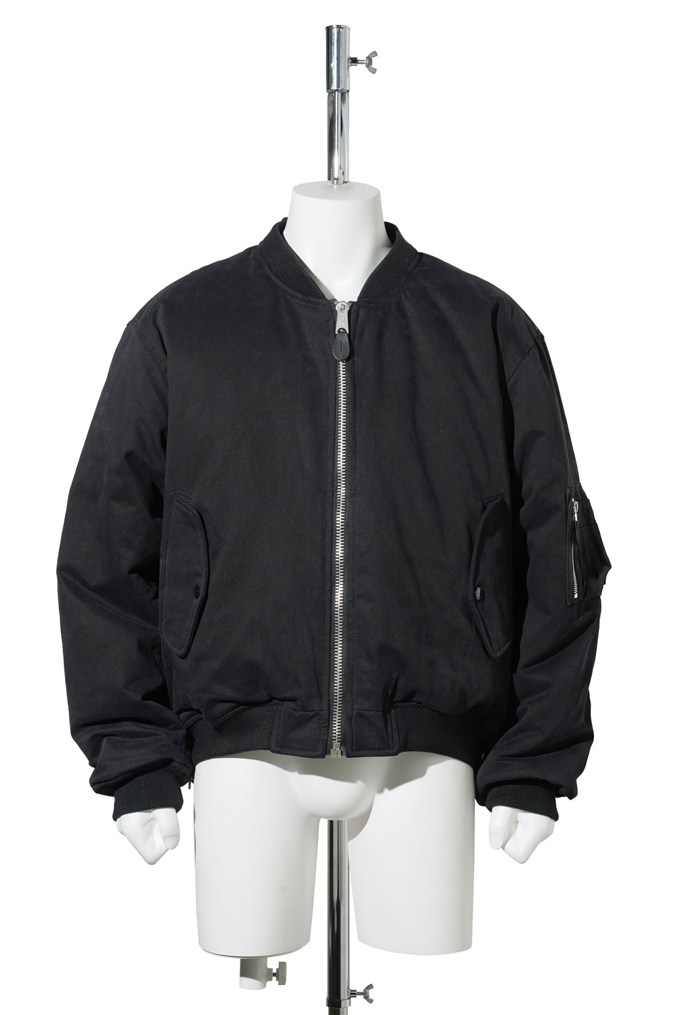 FUR HOODED SIDE ZIPPER COTTON BOMBER JACKET / BLACK