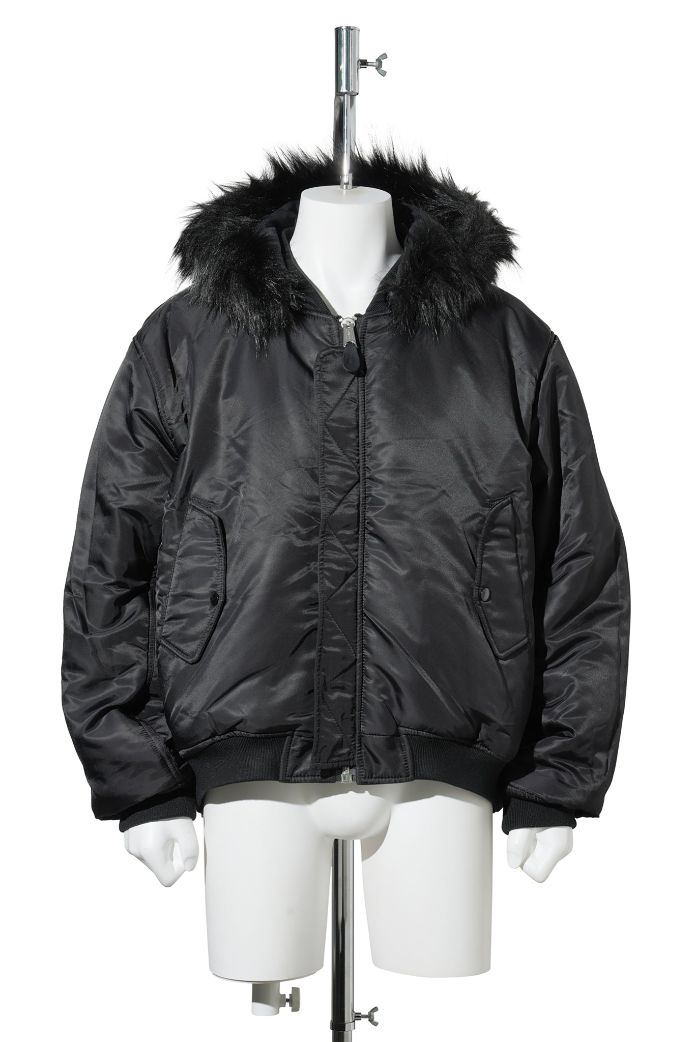 FUR HOODED SIDE ZIPPER COTTON BOMBER JACKET / BLACK