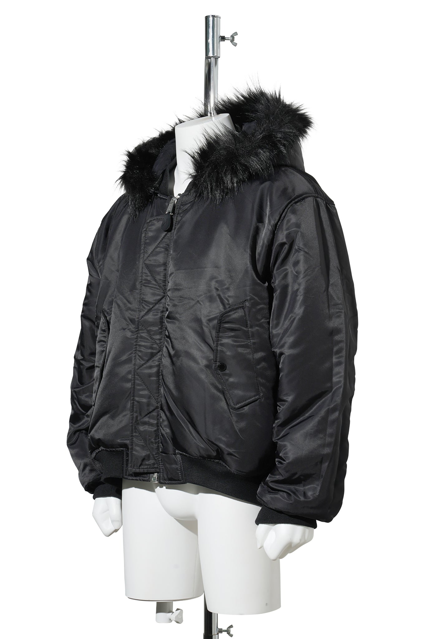 FUR HOODED SIDE ZIPPER COTTON BOMBER JACKET / BLACK