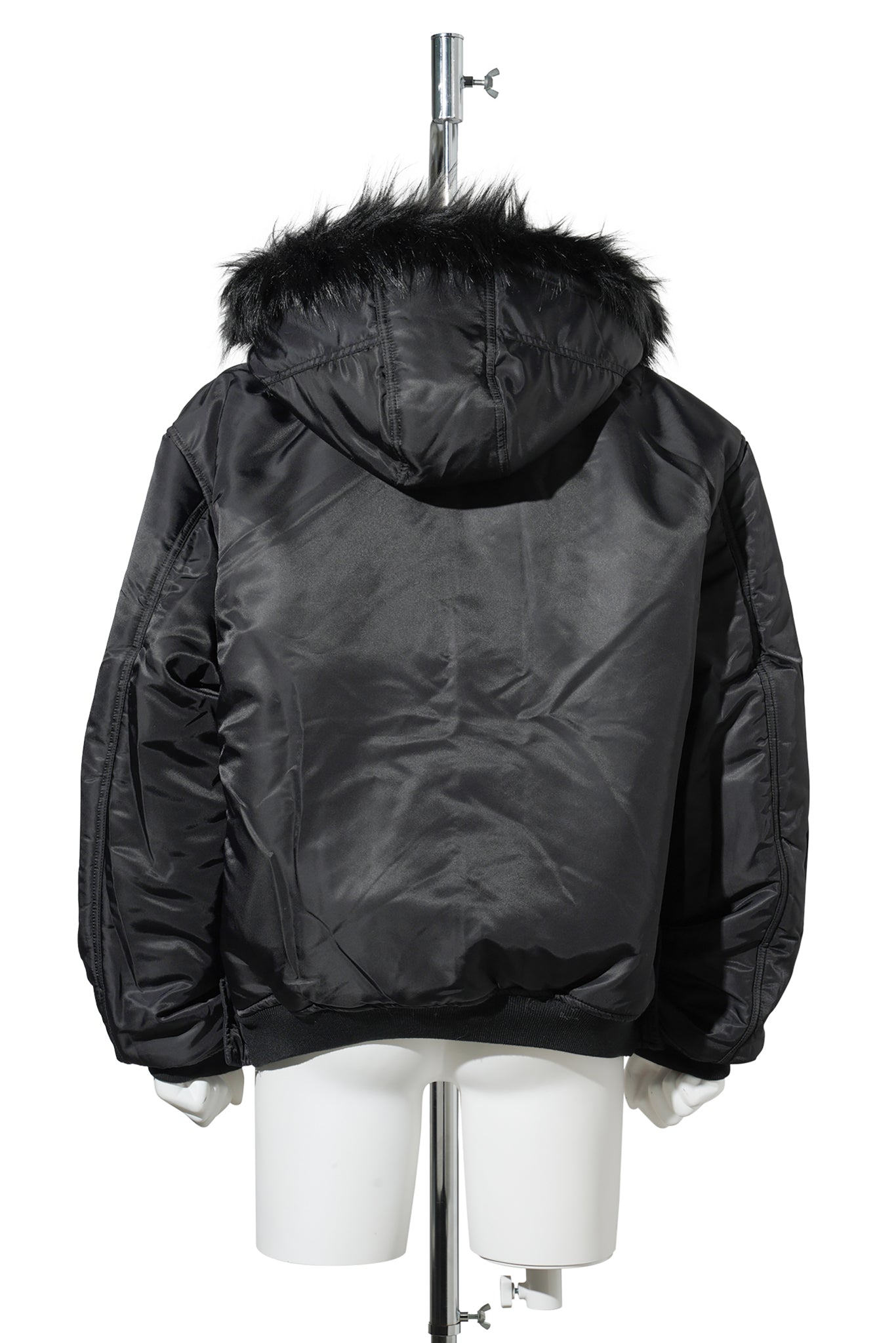 FUR HOODED SIDE ZIPPER COTTON BOMBER JACKET / BLACK
