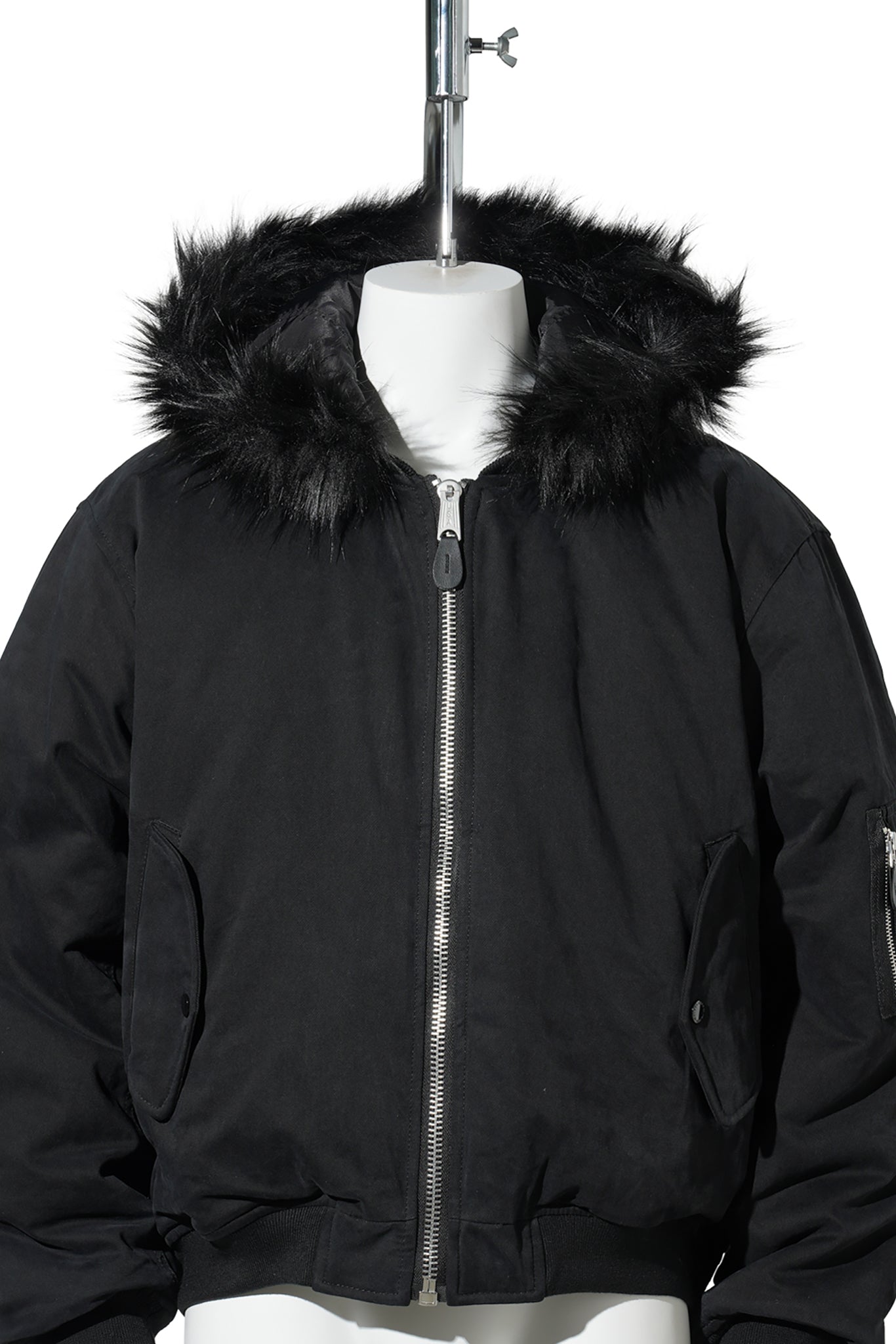 FUR HOODED SIDE ZIPPER COTTON BOMBER JACKET / BLACK