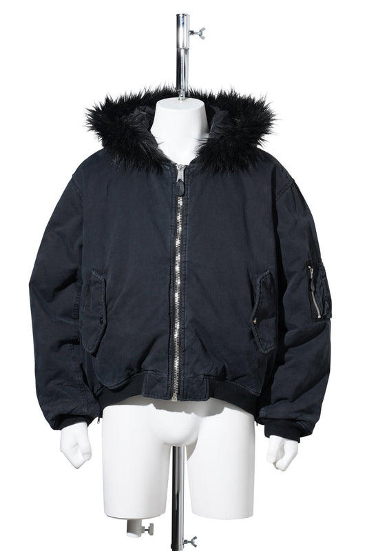 FUR HOODED SIDE ZIPPER COTTON BOMBER JACKET(SUN FADED) / BLACK(SUN FADED)