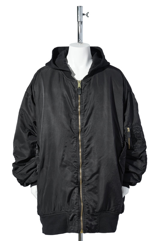 ANTIQUE WASH GIANT DETACHABLE HOODED NYLON PADDED BOMBER JACKET / BLACK