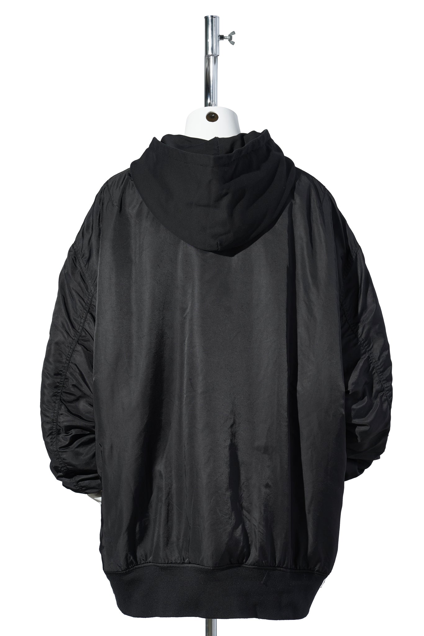 ANTIQUE WASH GIANT DETACHABLE HOODED NYLON PADDED BOMBER JACKET / BLACK
