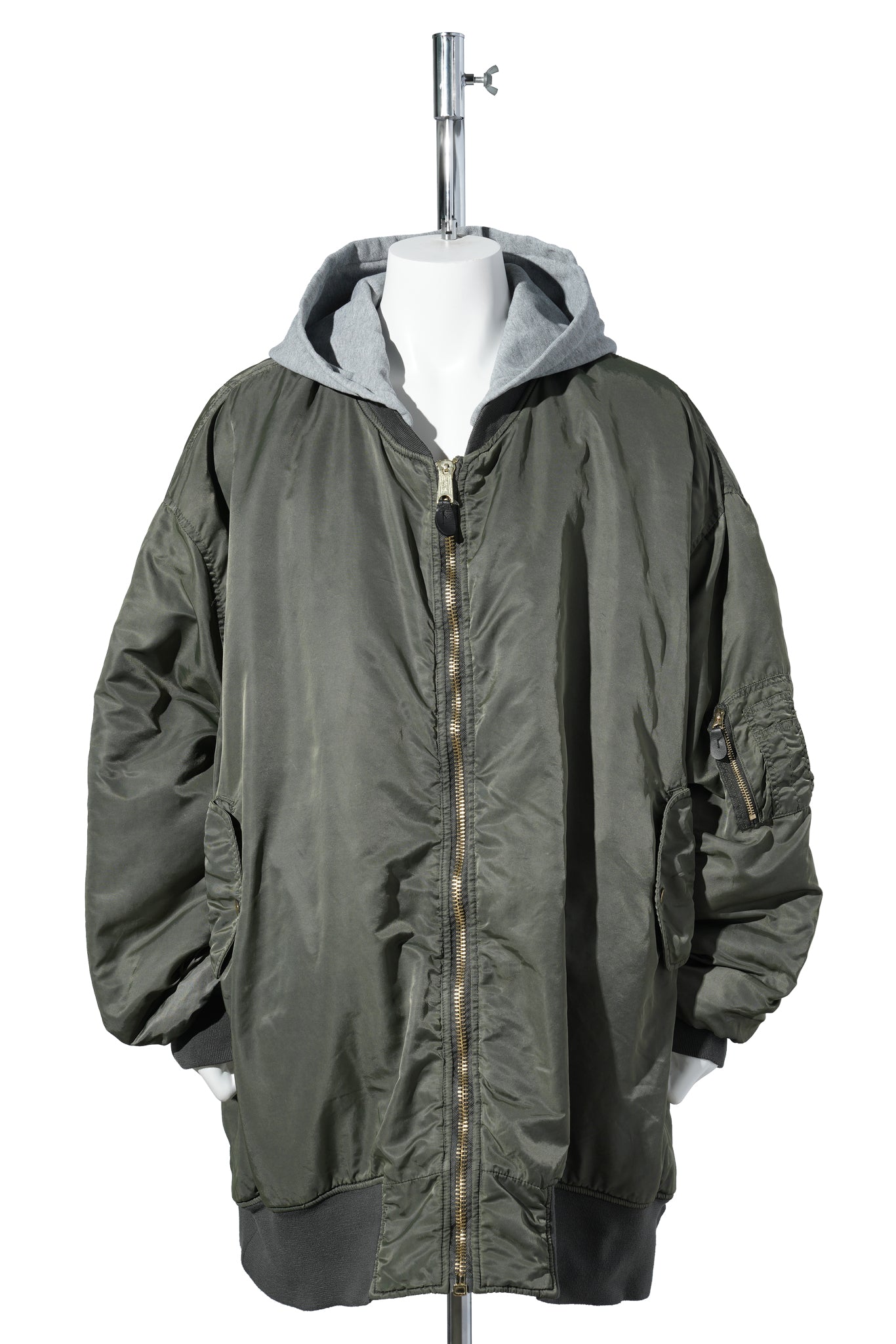 ANTIQUE WASH GIANT DETACHABLE HOODED NYLON PADDED BOMBER JACKET / OLIVE DRAB