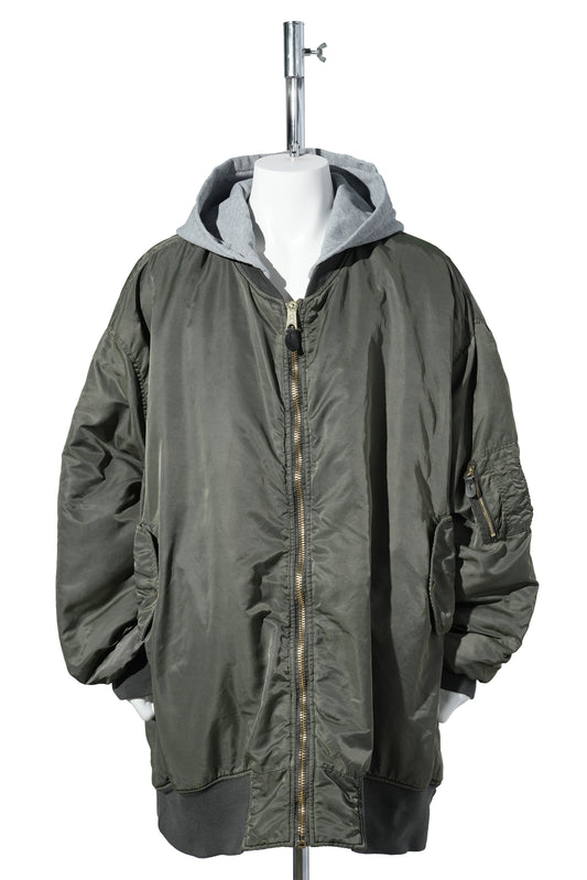 ANTIQUE WASH GIANT DETACHABLE HOODED NYLON PADDED BOMBER JACKET / OLIVE DRAB
