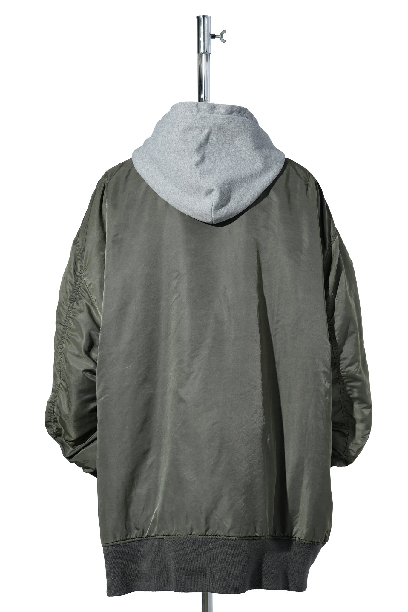 ANTIQUE WASH GIANT DETACHABLE HOODED NYLON PADDED BOMBER JACKET / OLIVE DRAB