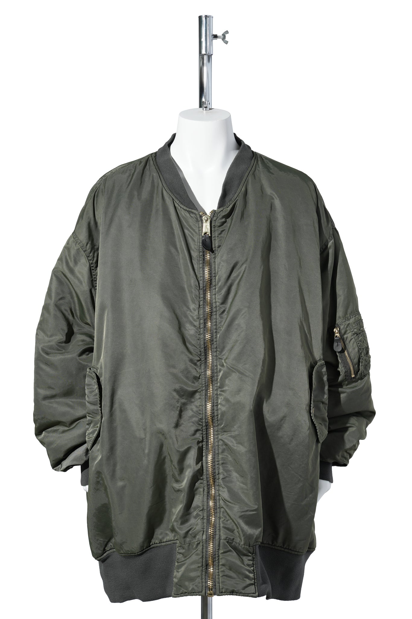 ANTIQUE WASH GIANT DETACHABLE HOODED NYLON PADDED BOMBER JACKET / OLIVE DRAB