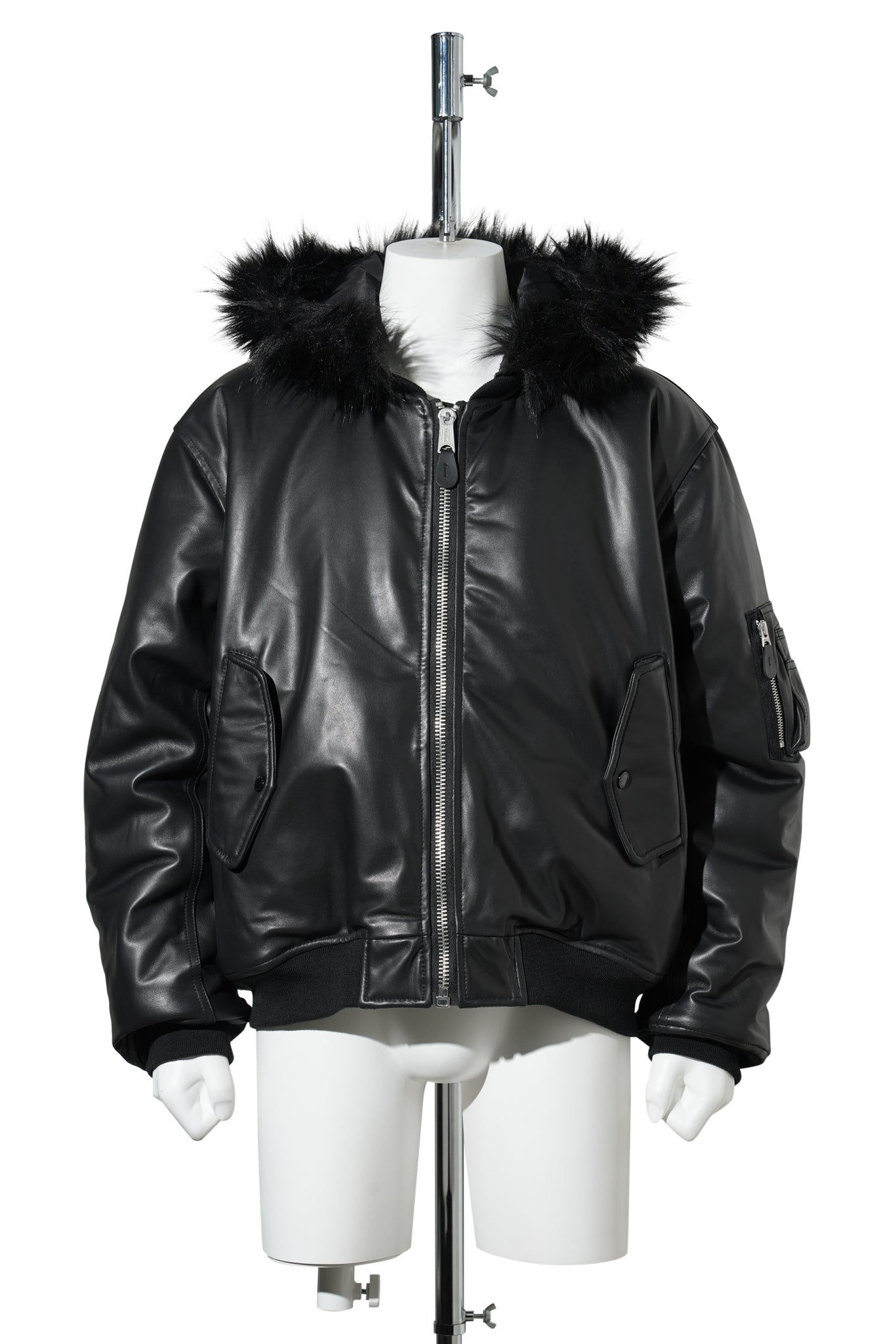 FUR HOODED SHEEP LEATHER BOMBER JACKET / BLACK