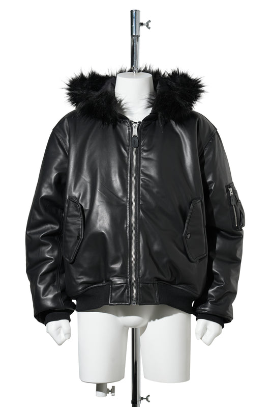 FUR HOODED SHEEP LEATHER BOMBER JACKET / BLACK