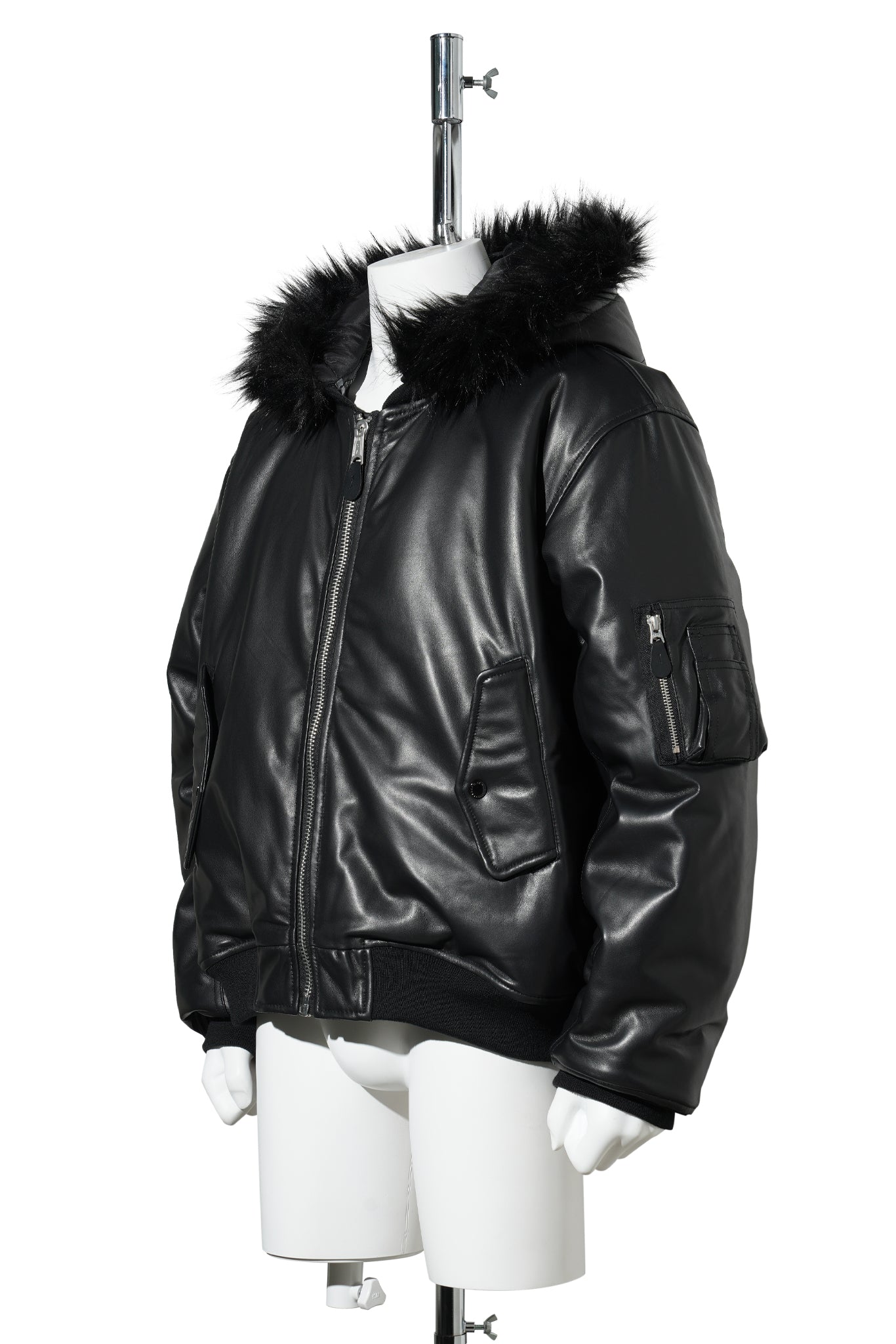 FUR HOODED SHEEP LEATHER BOMBER JACKET / BLACK