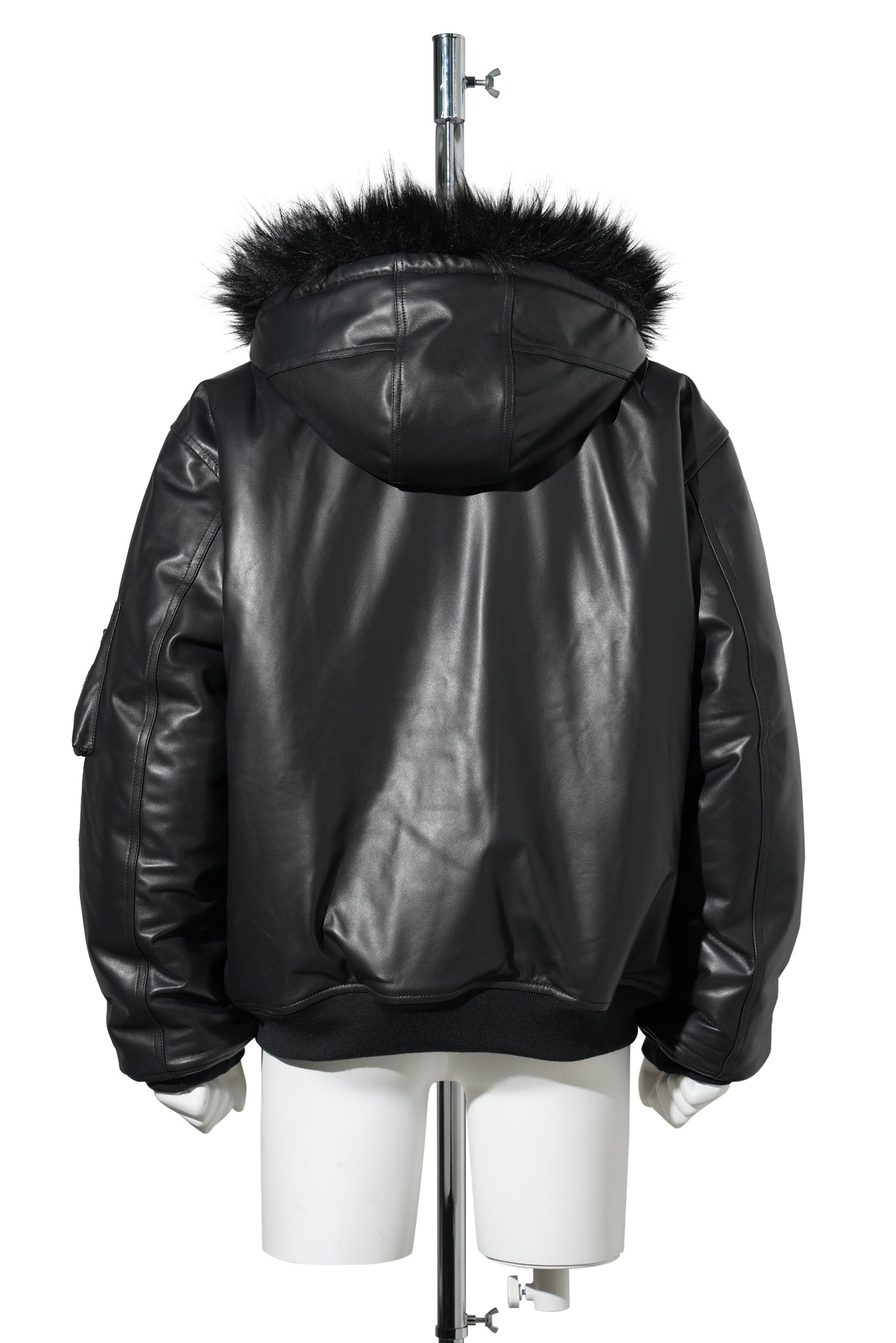 FUR HOODED SHEEP LEATHER BOMBER JACKET / BLACK
