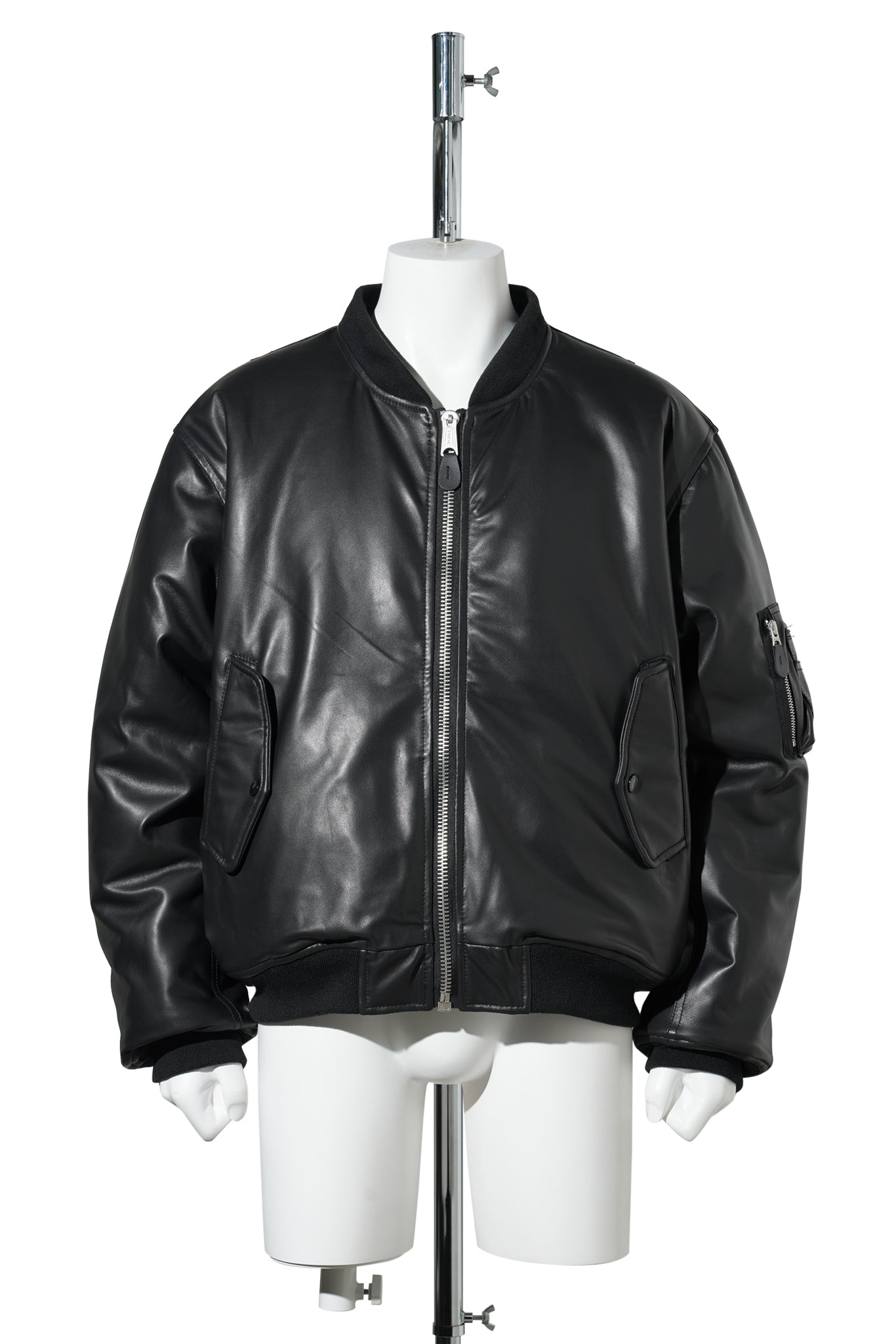 FUR HOODED SHEEP LEATHER BOMBER JACKET / BLACK
