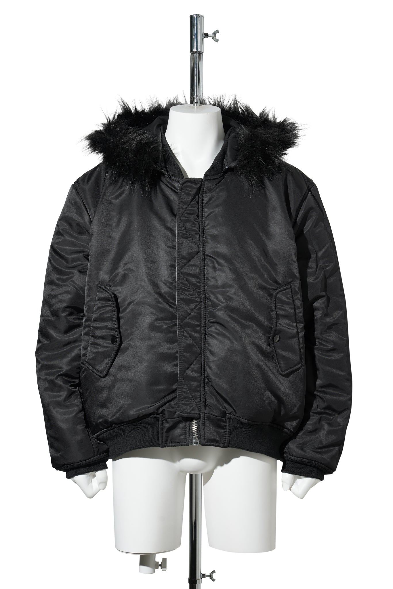 FUR HOODED SHEEP LEATHER BOMBER JACKET / BLACK