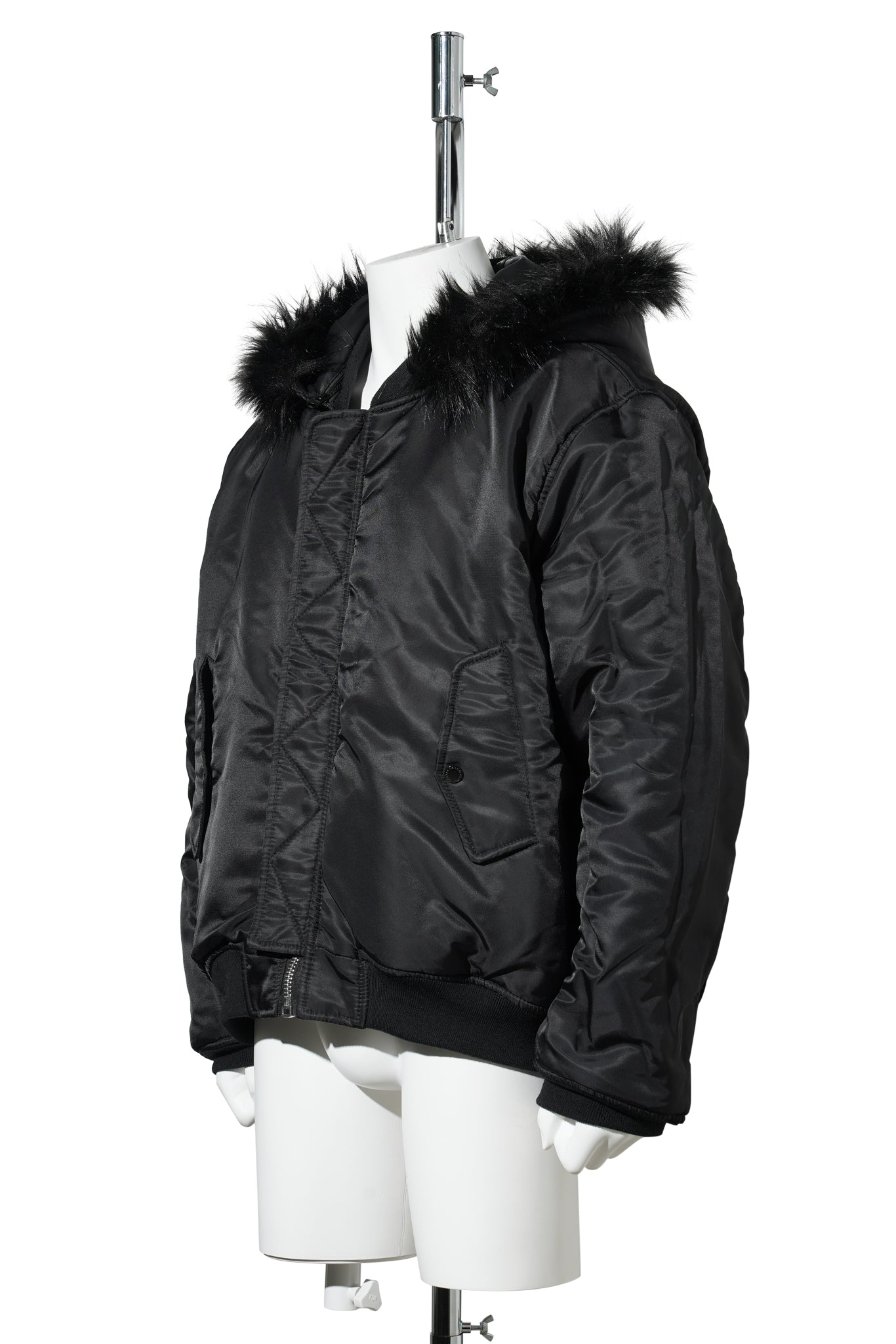FUR HOODED SHEEP LEATHER BOMBER JACKET / BLACK