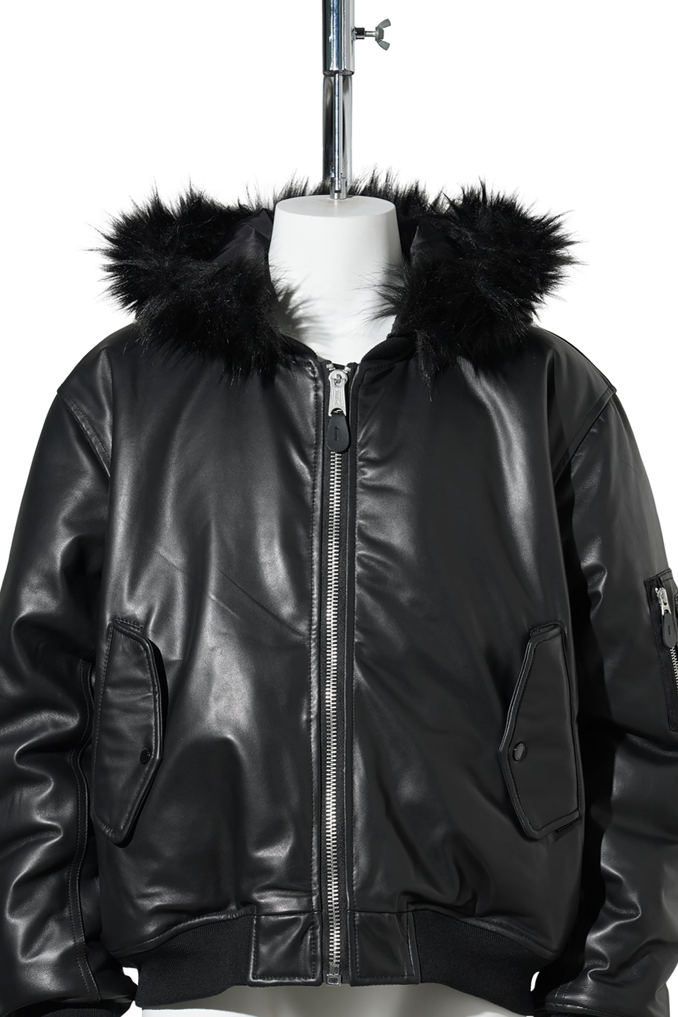 FUR HOODED SHEEP LEATHER BOMBER JACKET / BLACK