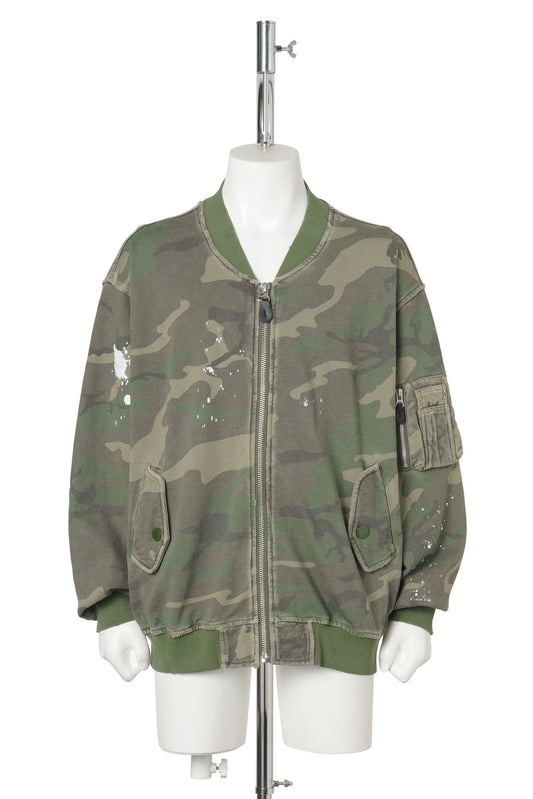 PAINTED DISTRESSED SWEAT BOMBER JACKET / CAMO