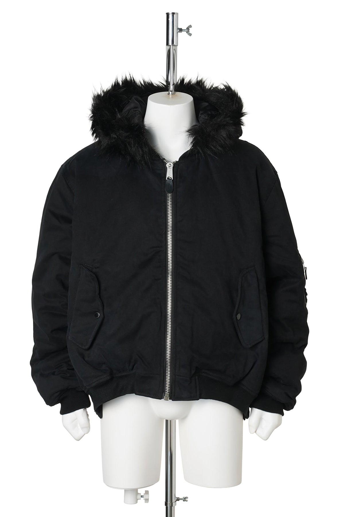 FUR HOODED SIDE ZIPPER COTTON BOMBER JACKET / BLACK