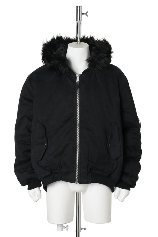 FUR HOODED SIDE ZIPPER COTTON BOMBER JACKET / BLACK