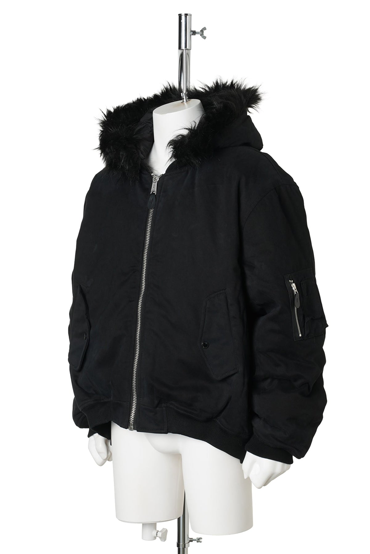 FUR HOODED SIDE ZIPPER COTTON BOMBER JACKET / BLACK