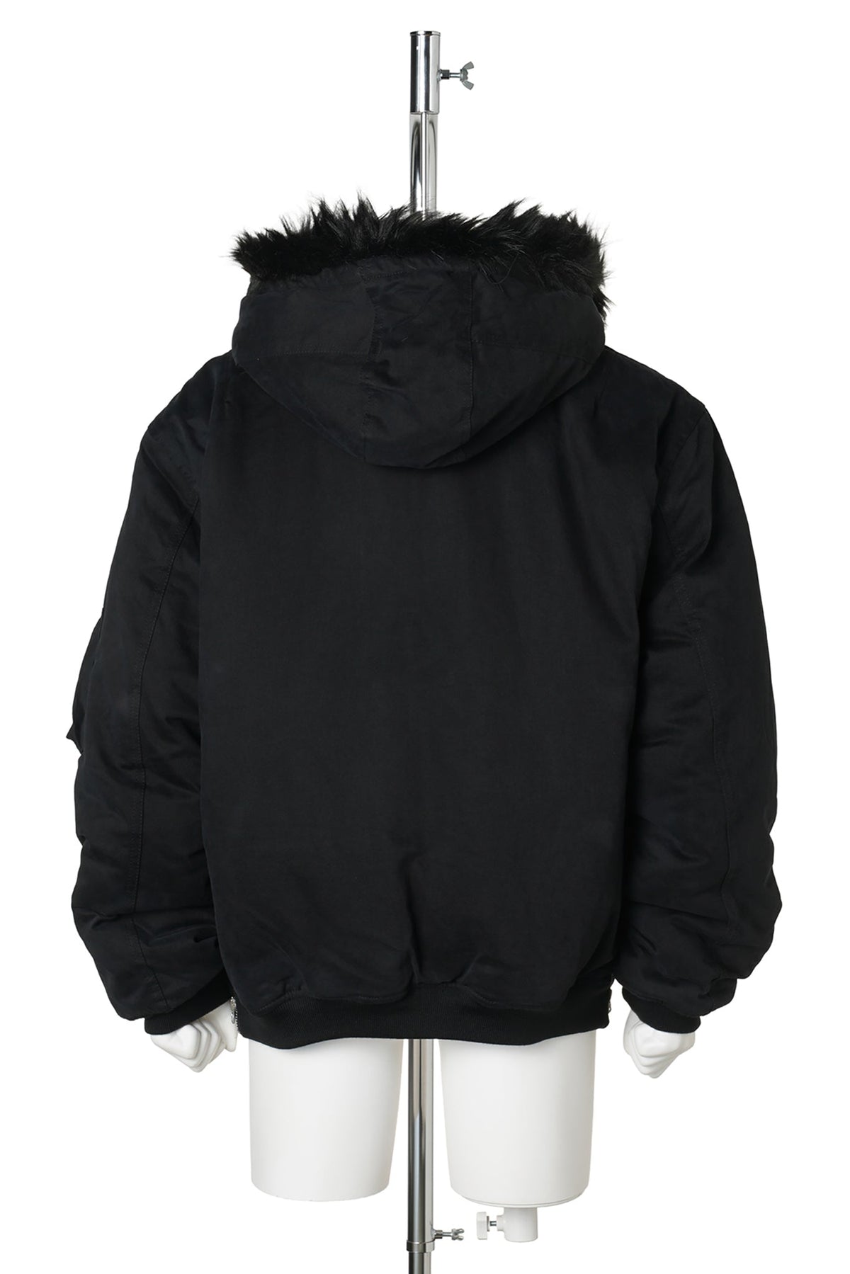 FUR HOODED SIDE ZIPPER COTTON BOMBER JACKET / BLACK