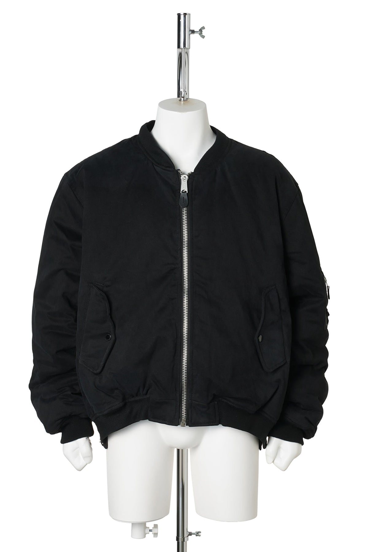 FUR HOODED SIDE ZIPPER COTTON BOMBER JACKET / BLACK