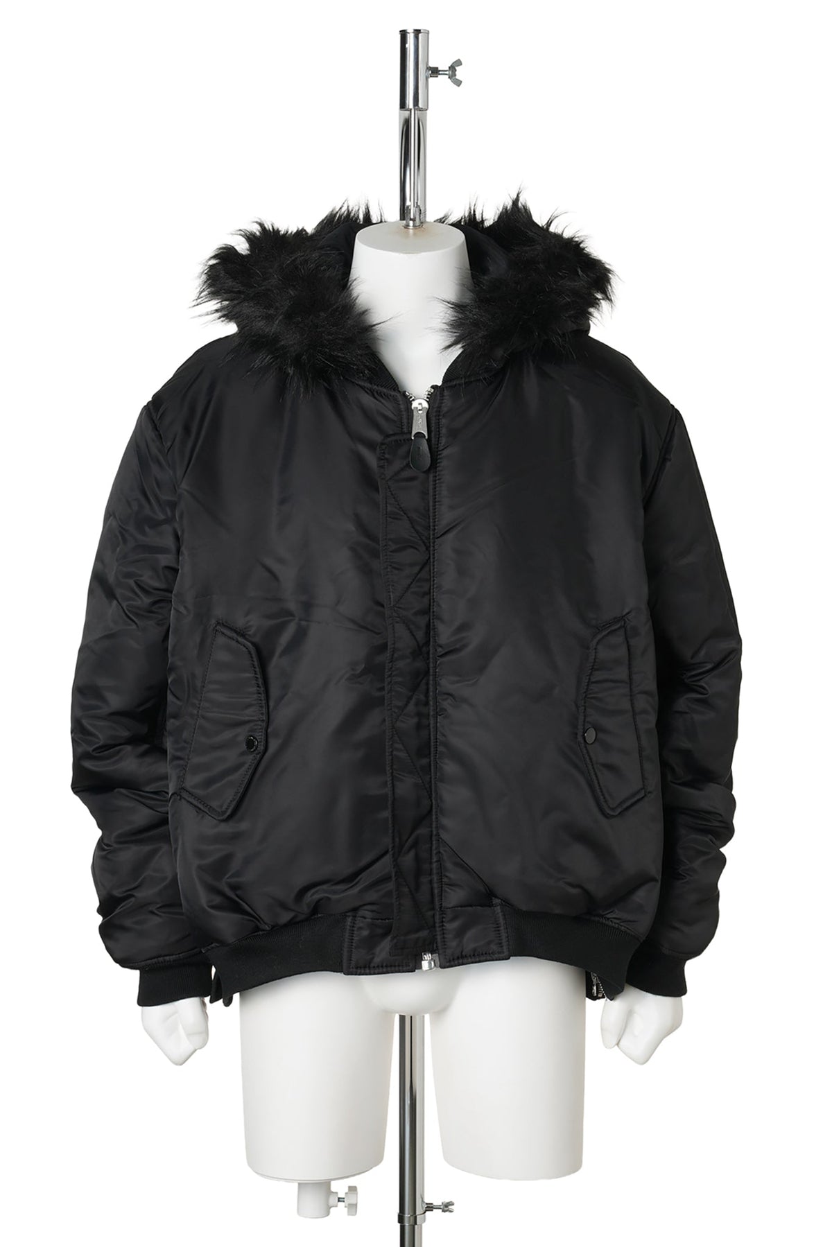 FUR HOODED SIDE ZIPPER COTTON BOMBER JACKET / BLACK