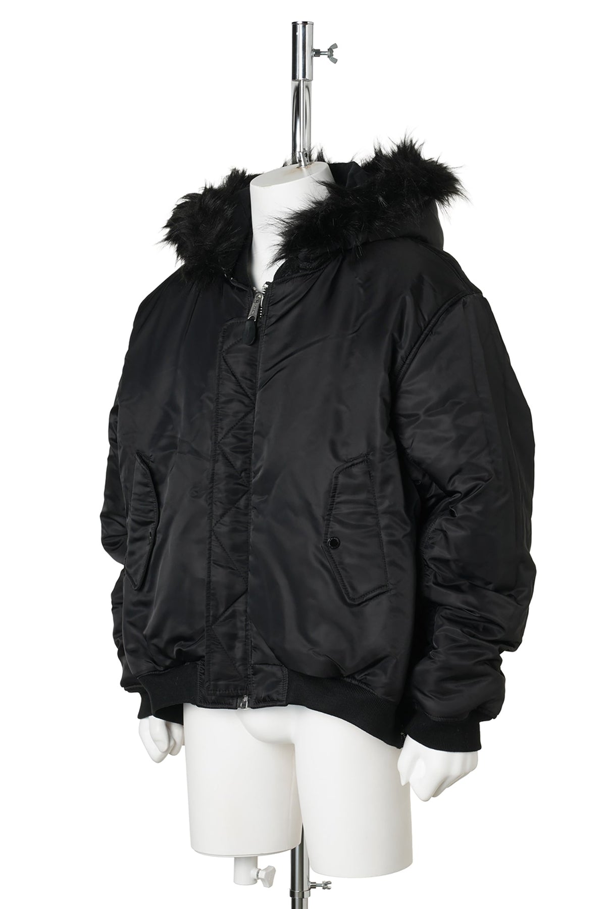 FUR HOODED SIDE ZIPPER COTTON BOMBER JACKET / BLACK
