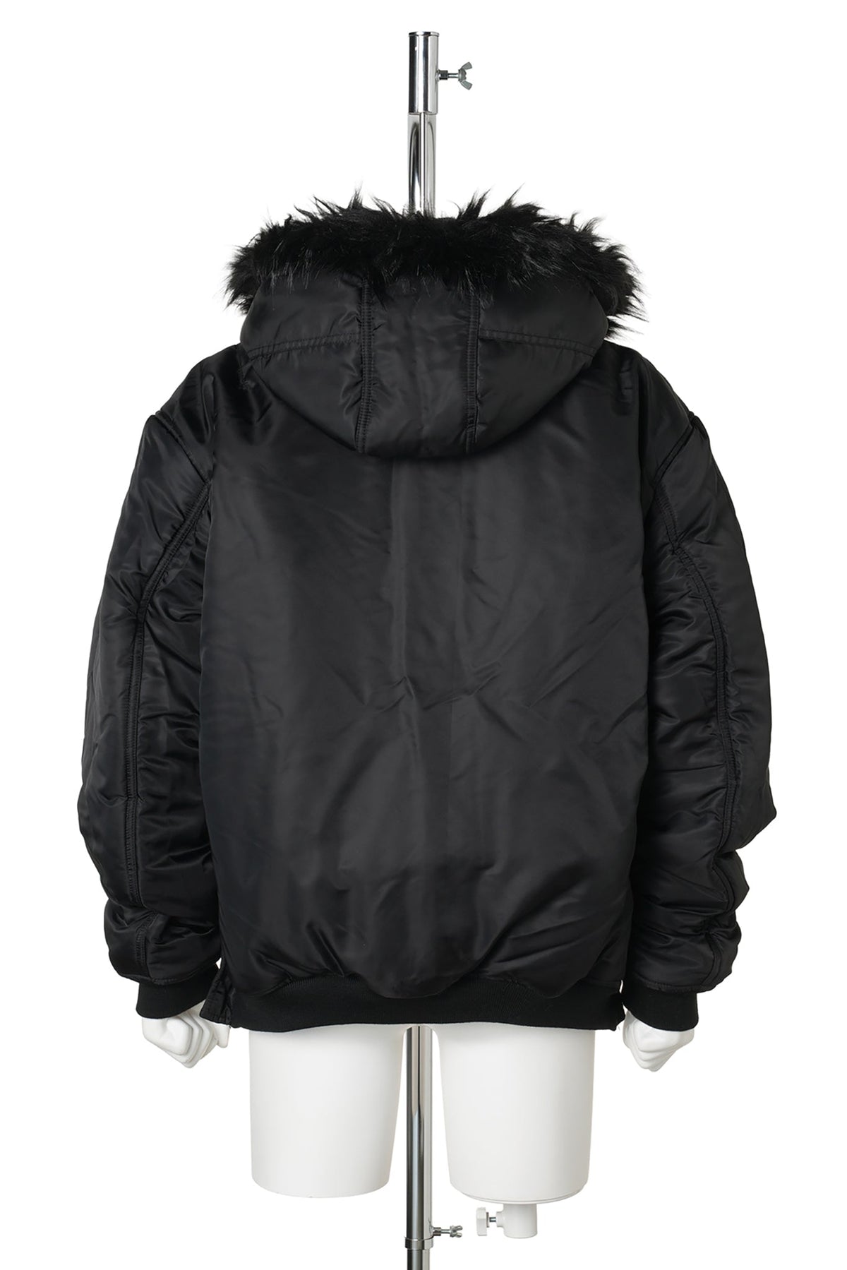 FUR HOODED SIDE ZIPPER COTTON BOMBER JACKET / BLACK