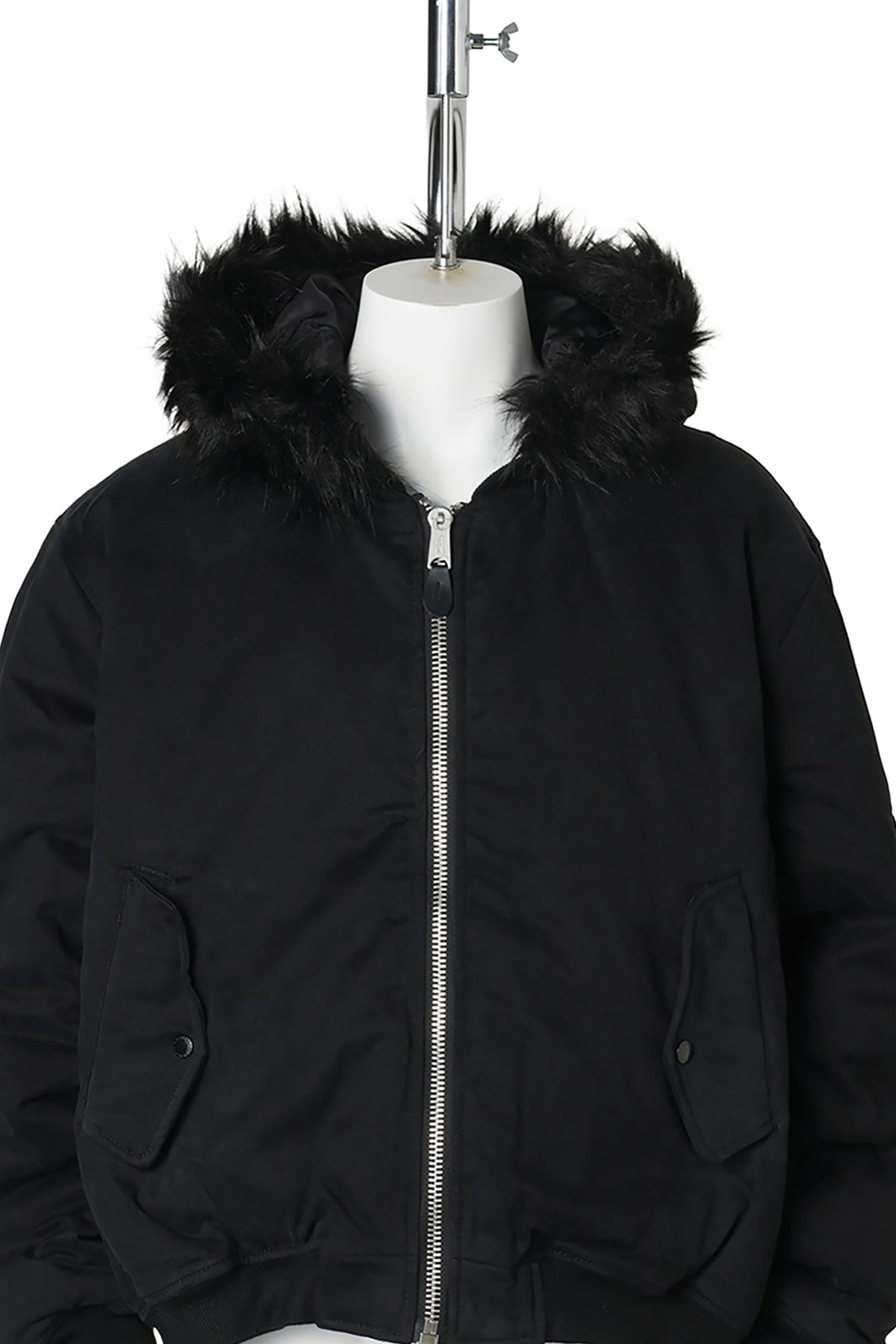 FUR HOODED SIDE ZIPPER COTTON BOMBER JACKET / BLACK