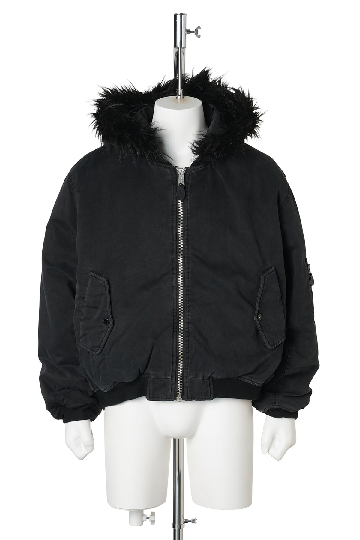 FUR HOODED SIDE ZIPPER COTTON BOMBER JACKET (SUN FADED) / BLACK