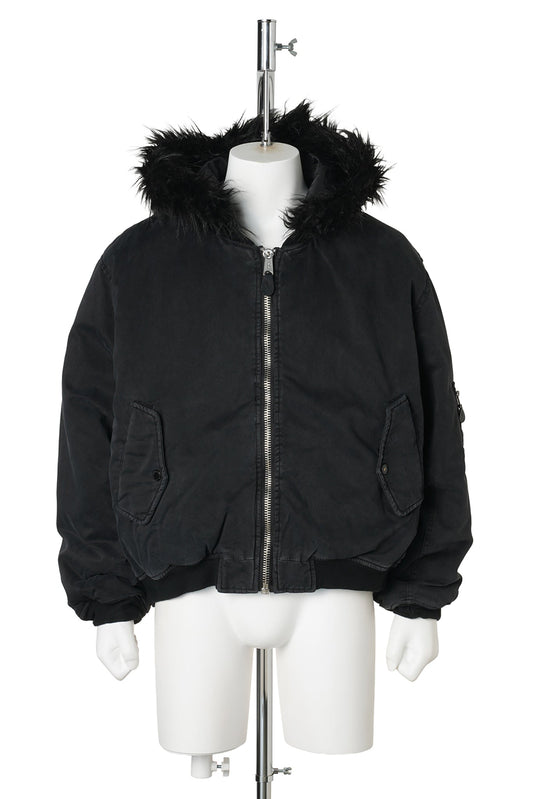 FUR HOODED SIDE ZIPPER COTTON BOMBER JACKET (SUN FADED) / BLACK