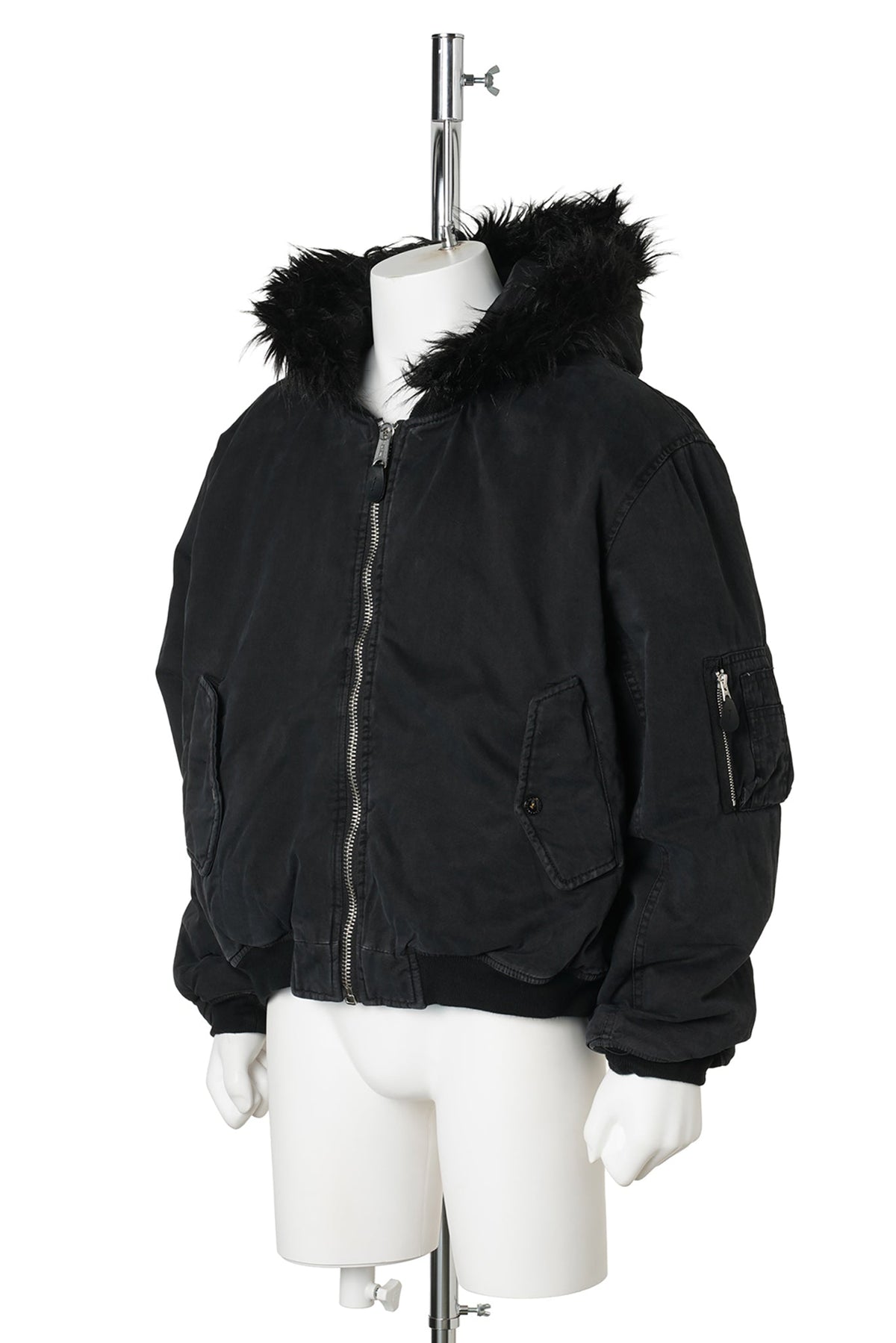 FUR HOODED SIDE ZIPPER COTTON BOMBER JACKET (SUN FADED) / BLACK