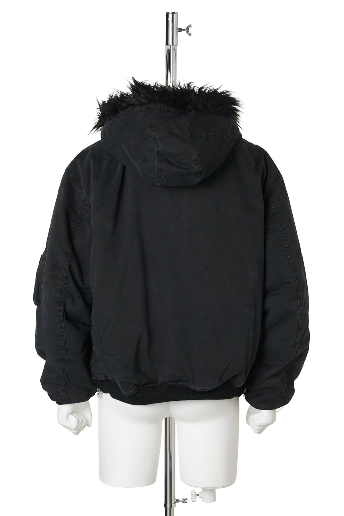 FUR HOODED SIDE ZIPPER COTTON BOMBER JACKET (SUN FADED) / BLACK