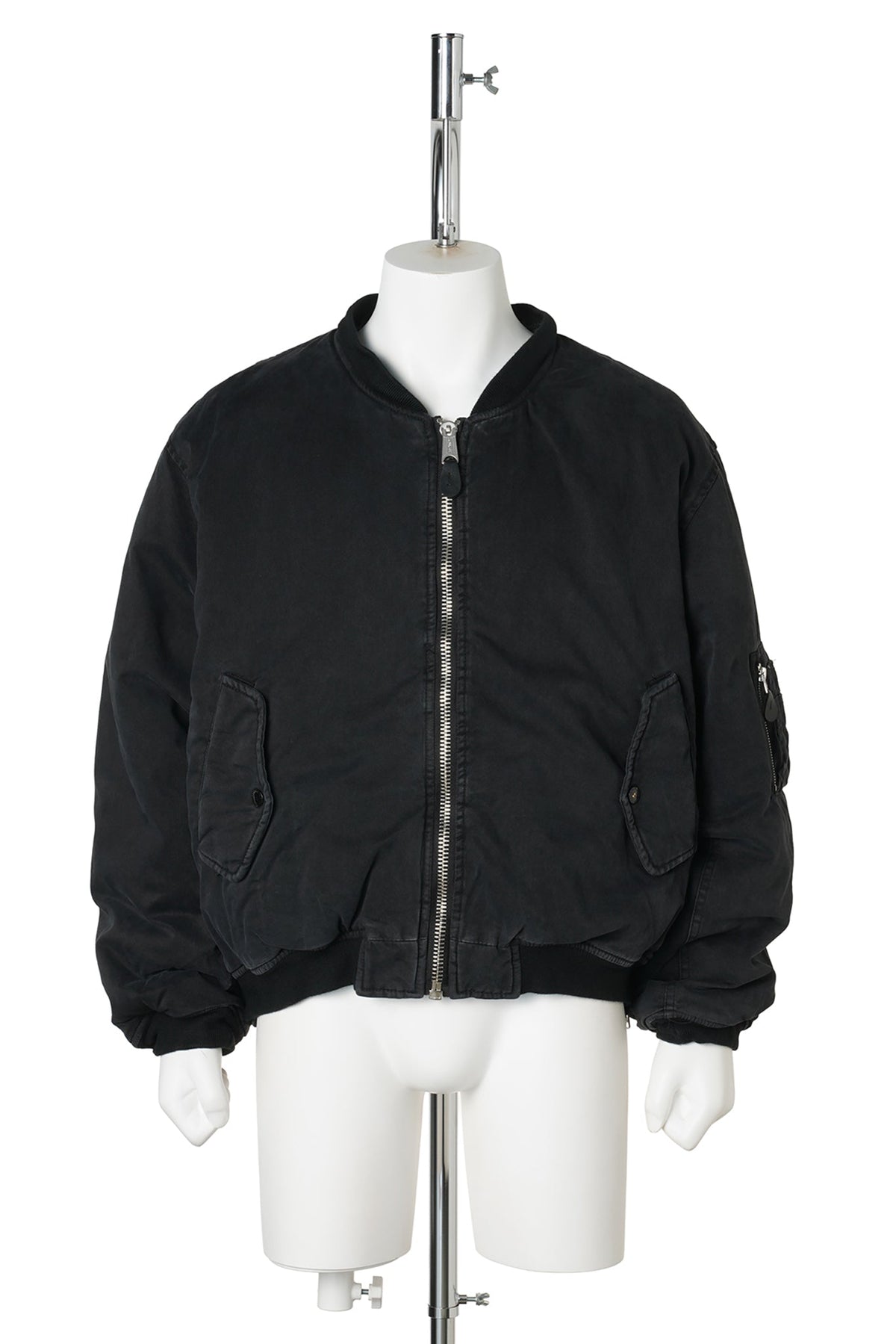 FUR HOODED SIDE ZIPPER COTTON BOMBER JACKET (SUN FADED) / BLACK